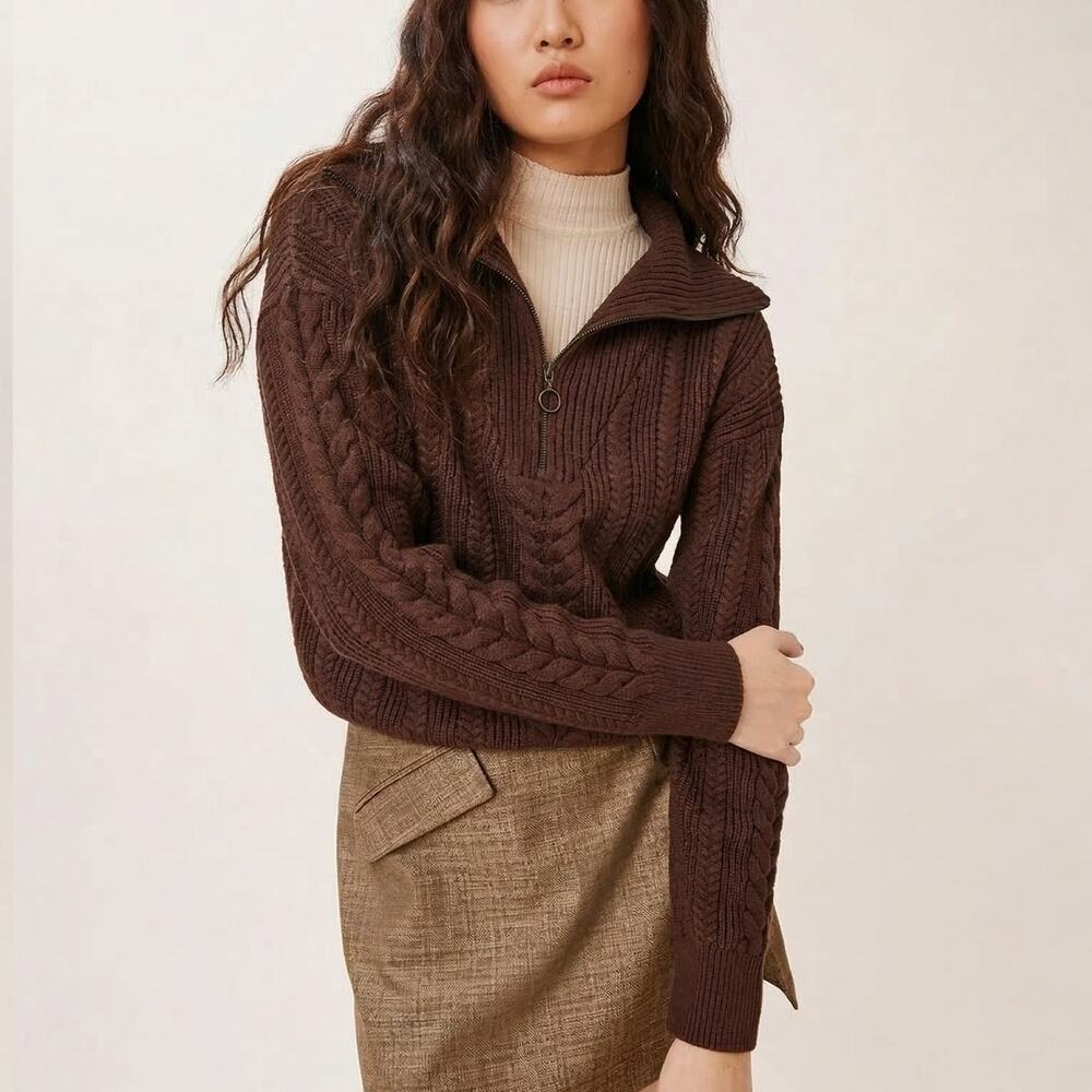 Reformation Lucca Cotton Cable knit Half zip Sweater in Brown sz Small